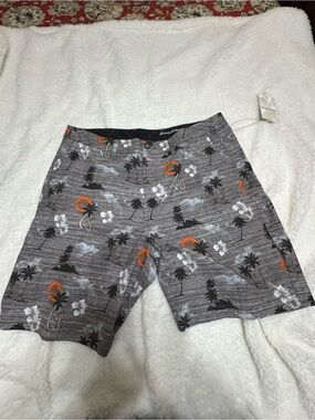 Men's Gray Tropical Print Swim Trunks - Orange & White Accents